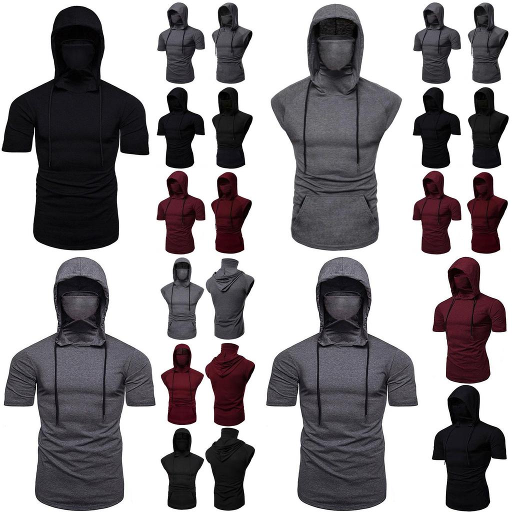 T-shirt con cappuccio da uomo alla moda, maglia a maniche lunghe, canotta con maschera protettiva per abbigliamento sportivo