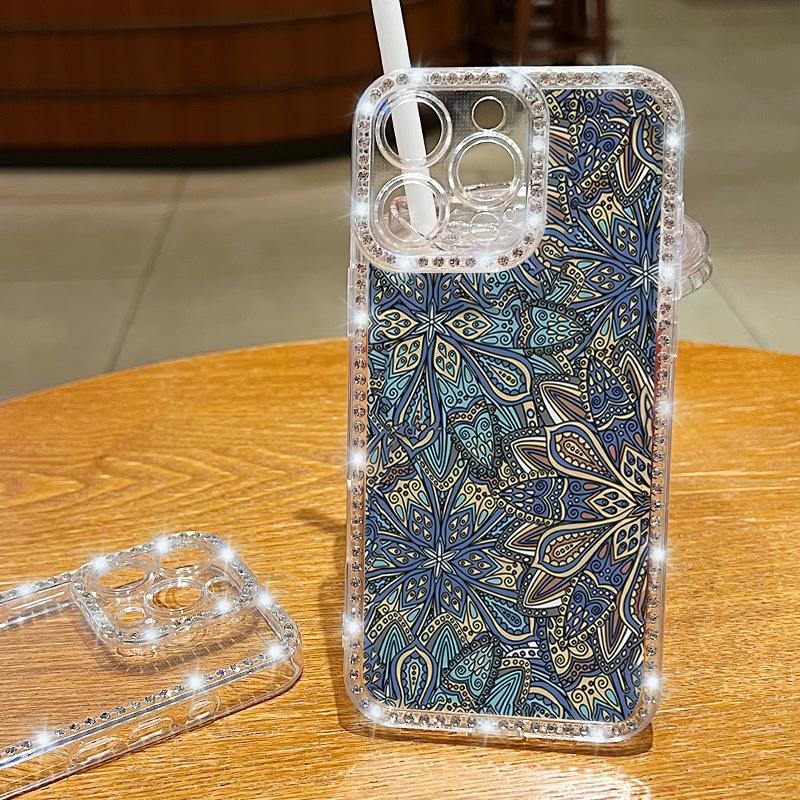 Crystal Diamond Oil Painting Flower Clear Case For iPhone 16e 16 14 15 Pro Max 13 12 Pro Max 11 Soft Silicone Phone Cover Coque