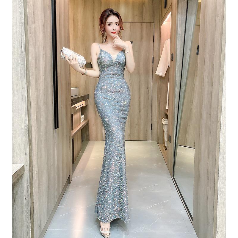 High-end Small Evening Dress Femininity Queen Banquet Suspender Temperament Fishtail Skirt Gold Long Birthday Advanced Texture