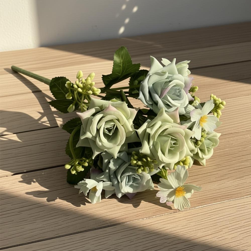 

5 Heads Roses Artifiical Flower Branch 28cm Height Flexible Stems Roses Fake Flower with Green Leaves Wedding Bouquet зелёный