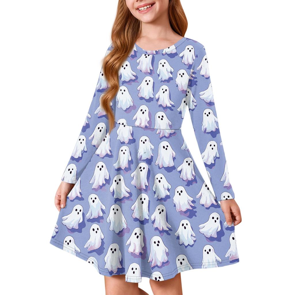 Girls' Summer Princess Dress Halloween Day- Long Sleeve A-Line T-Shirt Dress