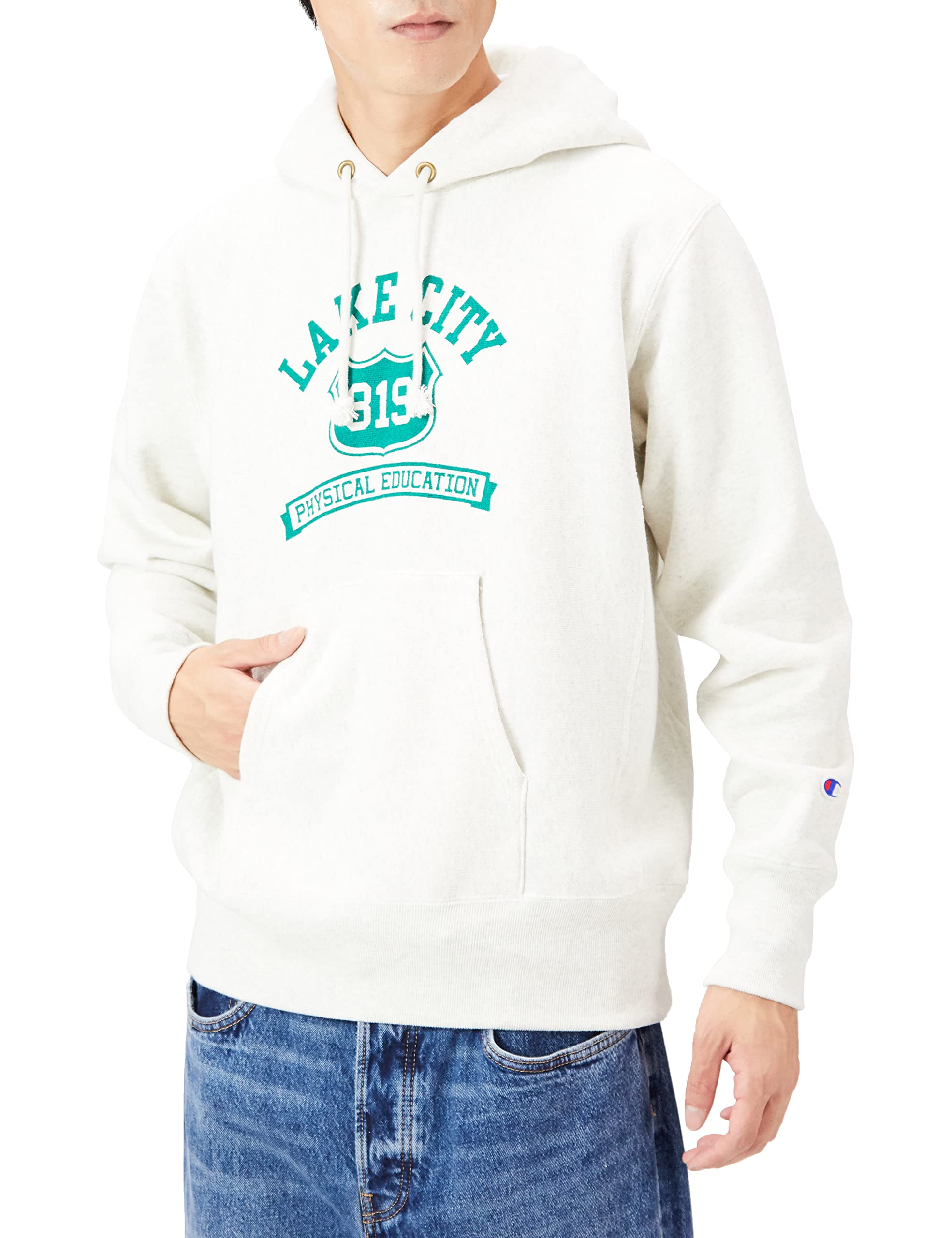 

Champion Oatmeal Long Sleeve Graphic Blue Single Reverse Hooded Size L Men s Fleece-Lined Hoodie, 11.5oz, Print, Tag, Weave® Sweatshirt, C3-W111,