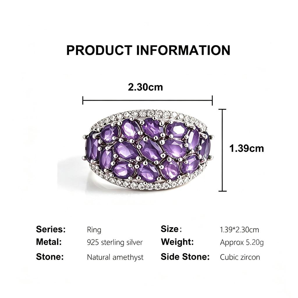 Gorgeous 925 sterling silver women's Big ring natural amethyst gemstone noble fine jewelry for anniversary engagement gift