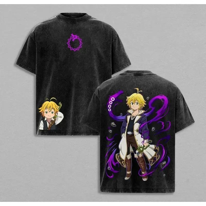 Hot Anime The Seven Deadly Sins Meliodas Print T-shirt Men Short Sleeve Clothing Cotton Tshirt Retro Washed T Shirt Manga Tops S