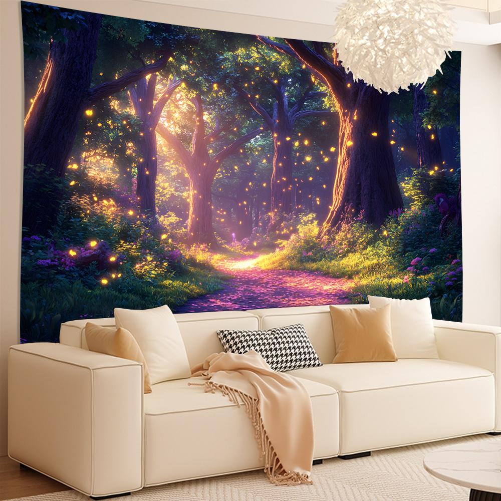 Enchanted Forest Path Tapestry, Magical Glowing Fireflies and Purple Flowers Art Wall Hanging for Bedroom Living Room Decor