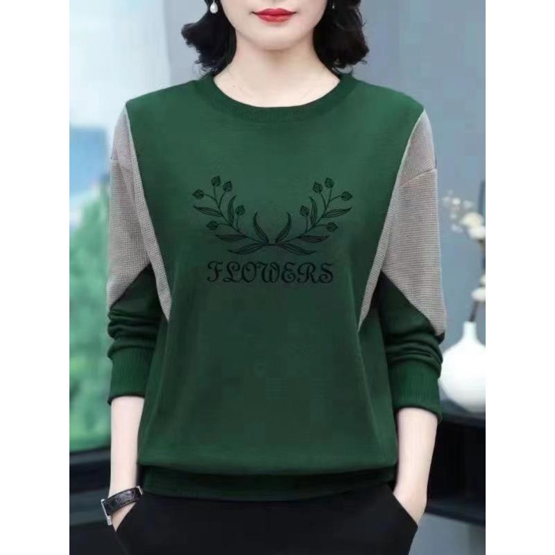 Autumn Winter Women's Cotton Patchwork Round Neck Plus Size Long Sleeve Printed Sweatshirt for Middle-Aged Moms