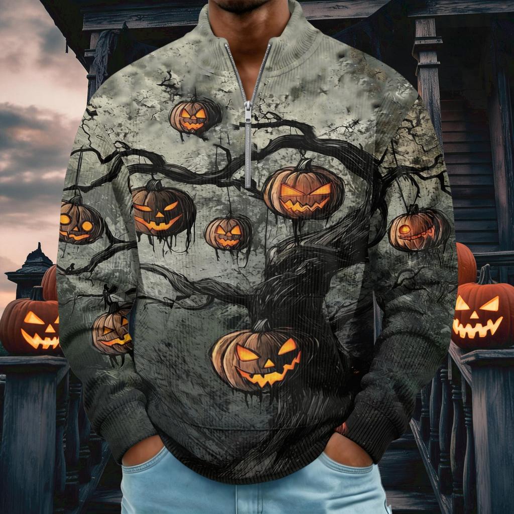 Men's Retro Corduroy Halloween Print Stand Collar Long Sleeve Casual Top with Pocket