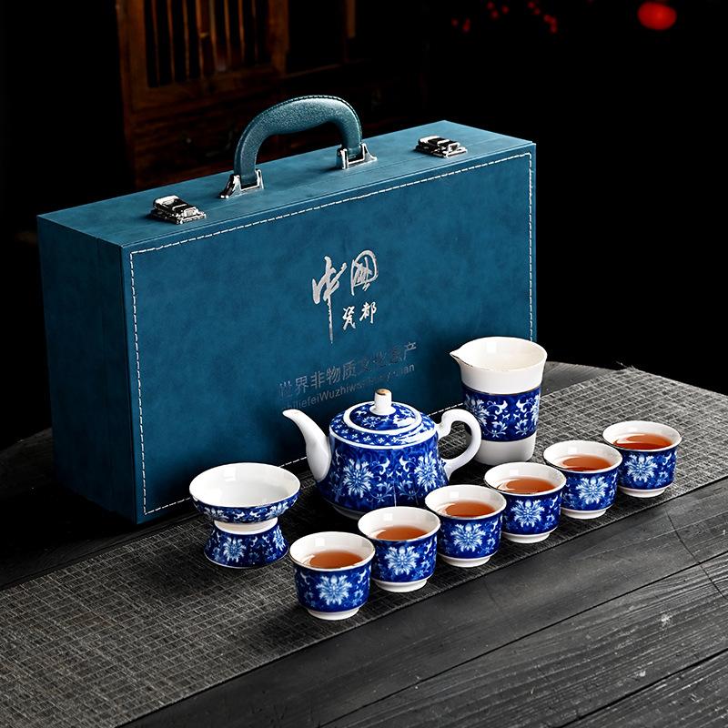Blue and white kung fu tea set, a complete set of gift boxes, ceramic retro full set of gifts, souvenirs, high-end sense of light luxury, high-end