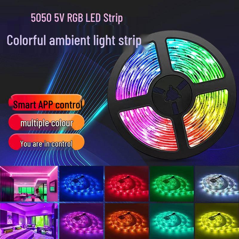 

Colorful 5050 RGB LED Strip with Smart App & Bluetooth Remote Control, 5V Low Voltage, for Vibrant Atmosphere Lighting. 30-LED Infrared Remote 2m