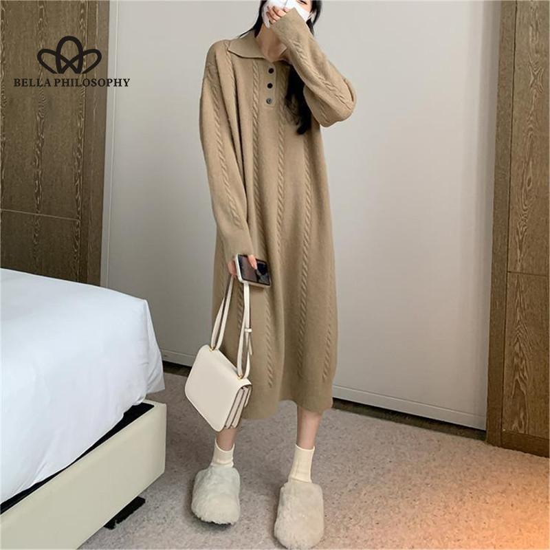 

Long Korean Style Lazy Style Lapel Knitted Dress 2026 Spring Autumn New Design Solid Color Sweater Base Dress onesize хакі