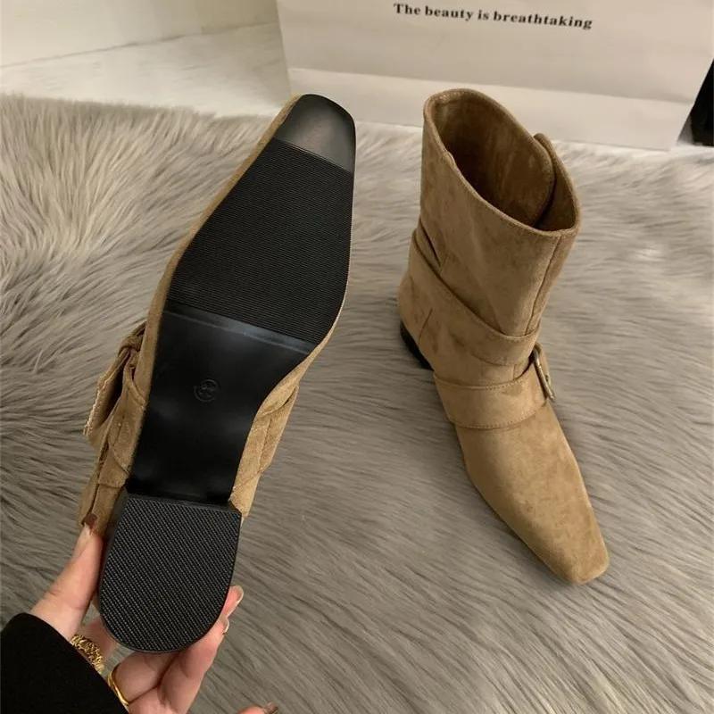 Retro French Style Short Boots Women'S Western Square Head Design Korean Version  Small Mass Market Suede Mid-Calf Boots