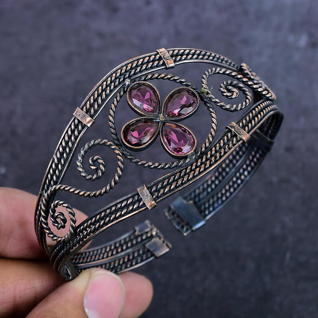 Amethyst Gemstone Handmade Copper Wire Wrap Cuff Bangle Adjustable ET-4968
