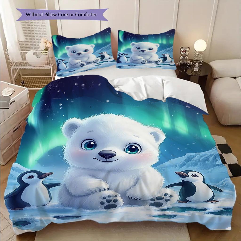 Polar Bear Pattern Bedding Quilt Set Quilt Cover Pillowcase Home Decoration Birthday Gift (1 * Duvet Cover + 2 * Pillowcase, Without Core)