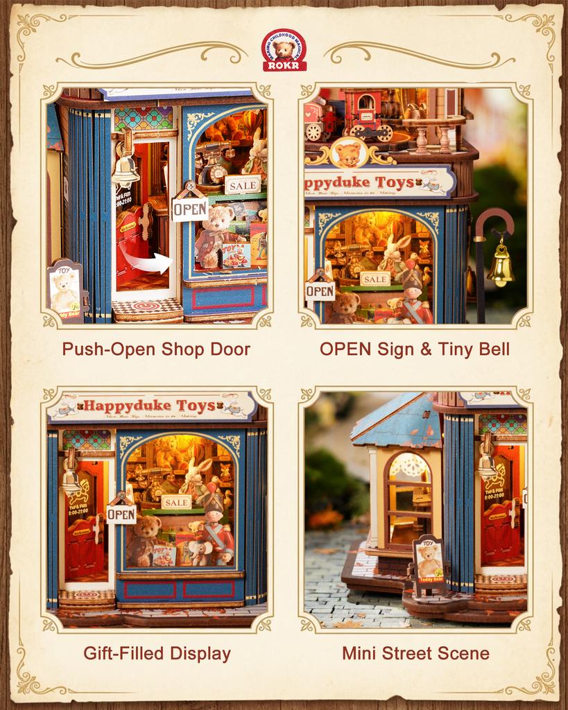 ROKR Holz 3D Puzzle Happyduke Spielzeug Spieluhr Modellbausatz mit LED-Licht für Heimdekoration Mini Puppenhaus DIY Spielzeug Weihnachtsgeschenk für Erwachsene Jugendliche