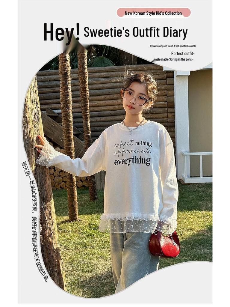 Plus Size Girls' White Lace Long Sleeve T-shirt for Spring & Autumn