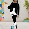 Girls Black White Printed Round Neck Long Sleeve Top Fitted Pants Two Piece Outfit