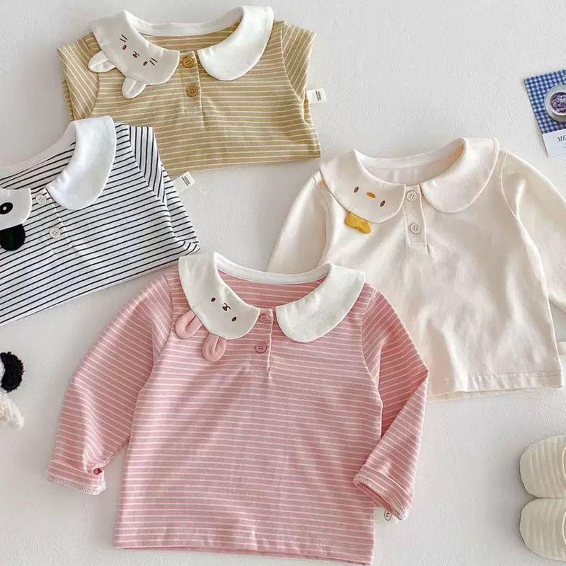 Girls Long Sleeve Cotton T-Shirt With Cartoon Ears Collar Striped Design Toddlers Kids