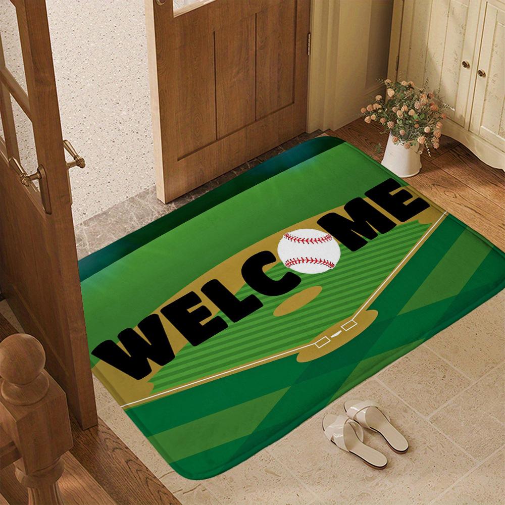 Baseball Welcome Doormat Sports Theme Green Grass Entrance Rug Game Day Stadium Non-Slip Welcome Floor Mat for Home Decor