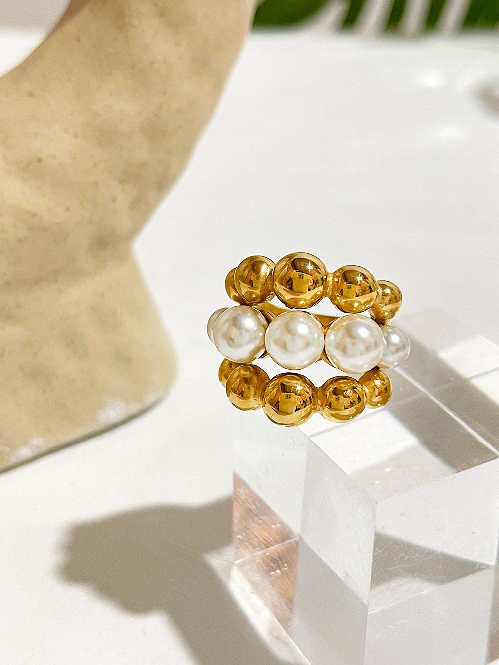 

Stylish Women s 18K Gold Plated Stainless Steel Geometric Pearl Cluster Ring-Trendy Fashion Jewelry for Daily Wear 8 золотий