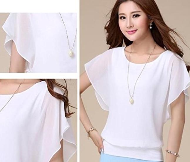 DauStage Chiffon Short Sleeve Flared Plus 5 XL Women's Blouse, Shirt, Sizes, Colors, White,