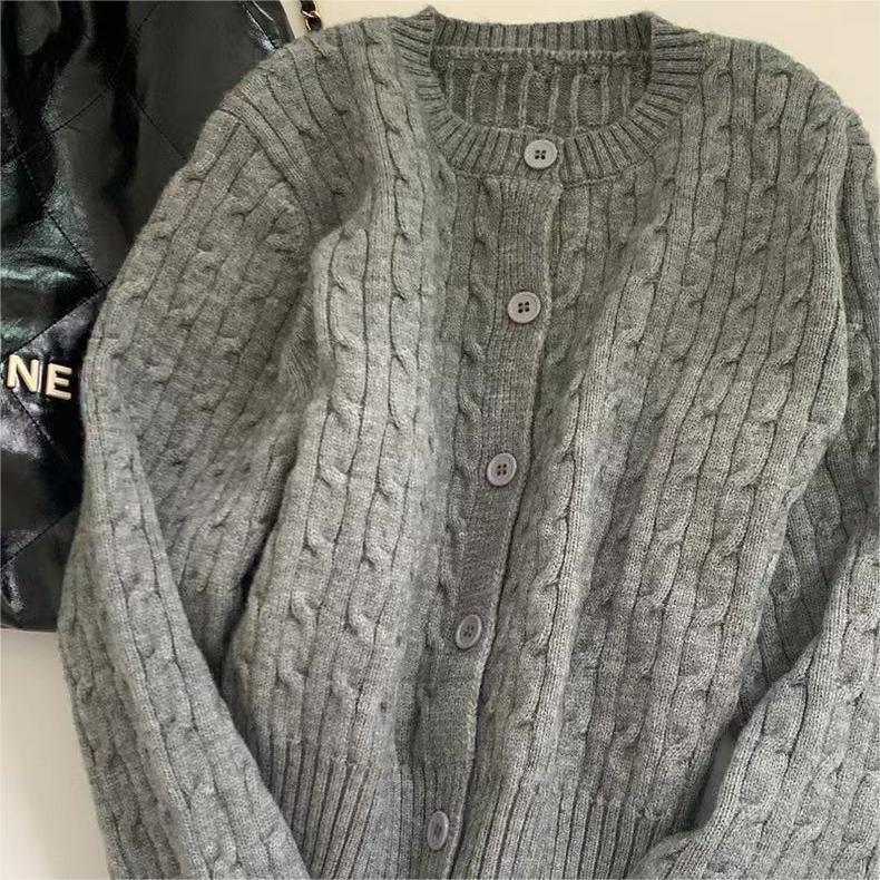 Korean Academic Cable Knit Cardigan for Women – Soft, Sweet Round Neck Solid Knitwear