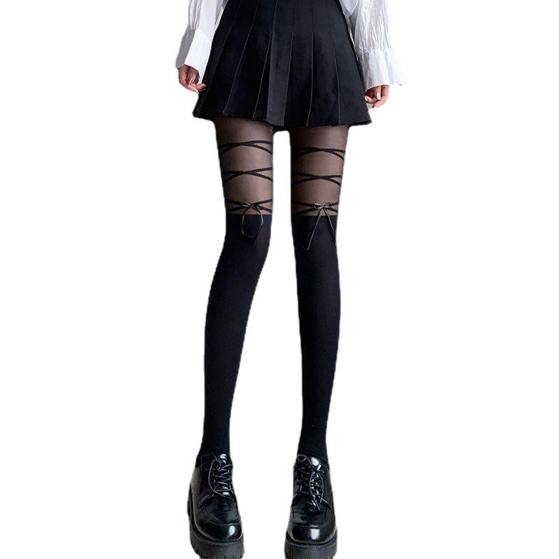 Japanese Autumn Silk Splice Stockings: Sweet JK Style Faux High Black Pantyhose for Women