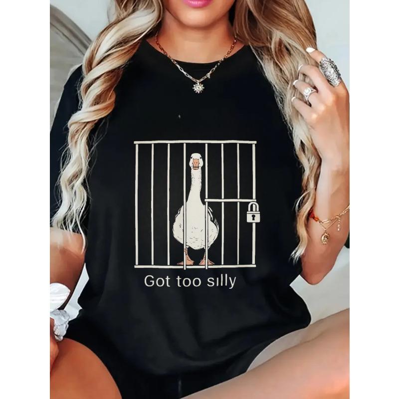 Oversized T Shirt Black Duck In Cage With Lock Print Got Too Silly Text Graphic Tee For Casual Wear And Street Style