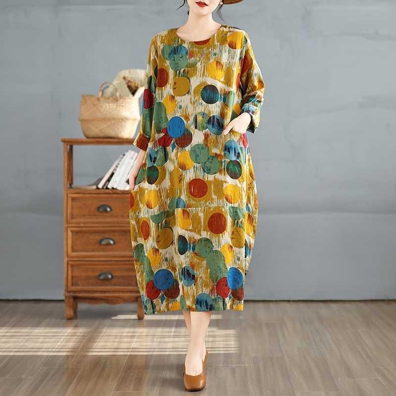 New Vintage Printed Round Neck Long Sleeve Plus Size Long Dresses
