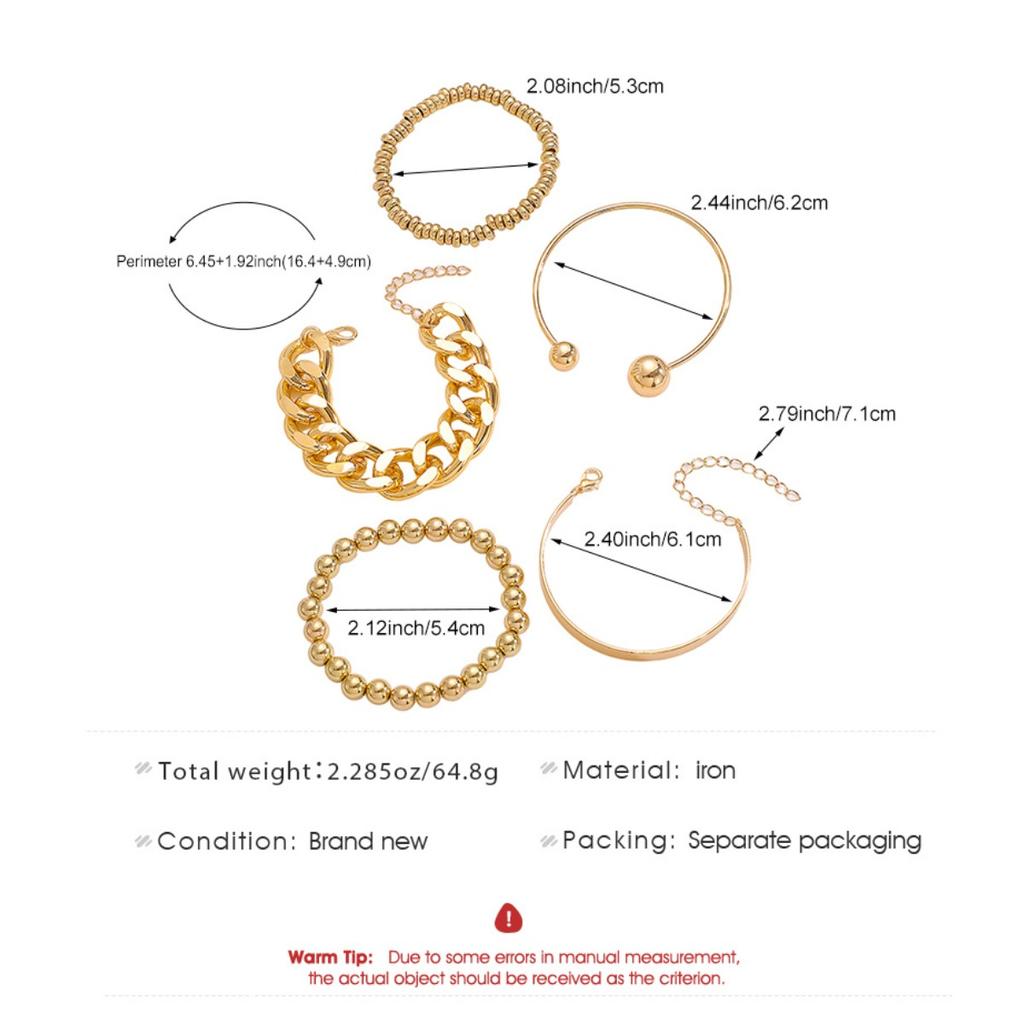 Gold Tone Stackable Bracelet Set 5 Piece Chunky Chain Bead and Cuff Bangles For Women
