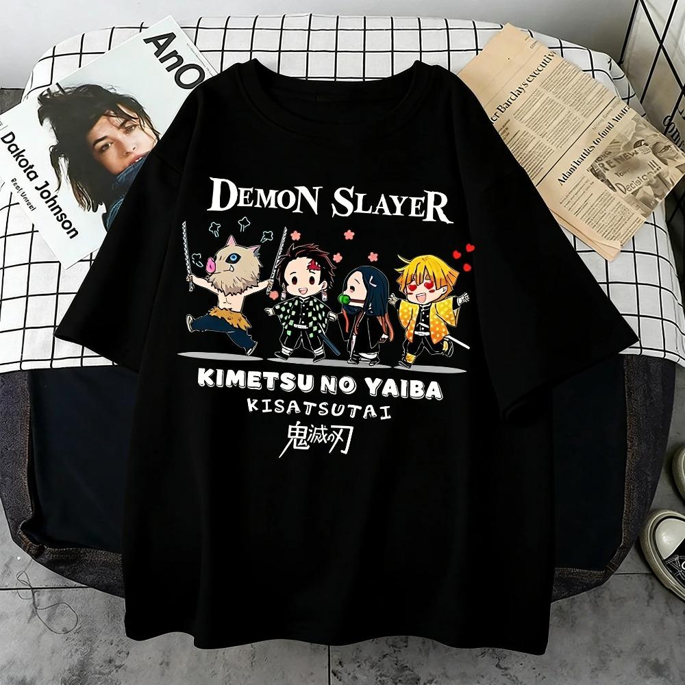 Plus Size Demon Slayer Summer Anime Printed Men, Women T-shirt Casual Parent Child Top Fashion Street Wear Harajuku Style Y2K