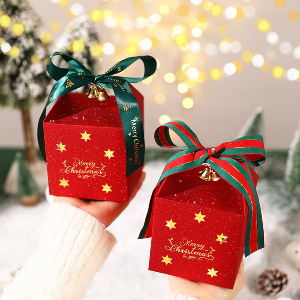 6PCS Square Christmas Candy Box with Bell and Ribbon Chocolate Box Christmas Gift Packing Box  Kids