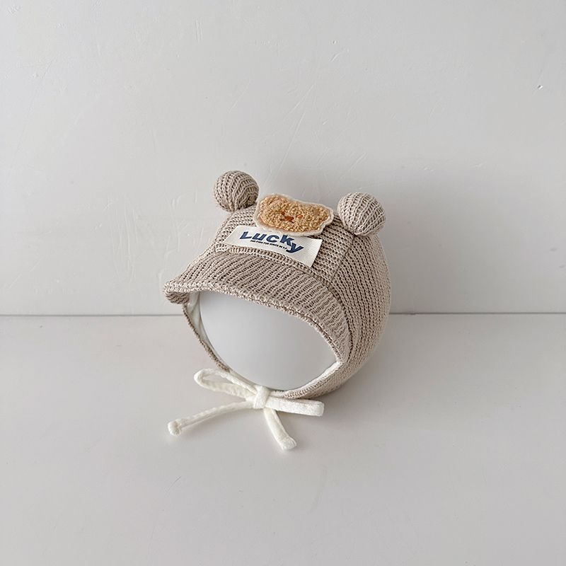 Roztomilá kreslená čepice pro miminko s medvídkem se šněrováním Novorozenecká čepice pro chlapce a dívky Zimní teplá kojenecká čepice pro batole s ochranou uší