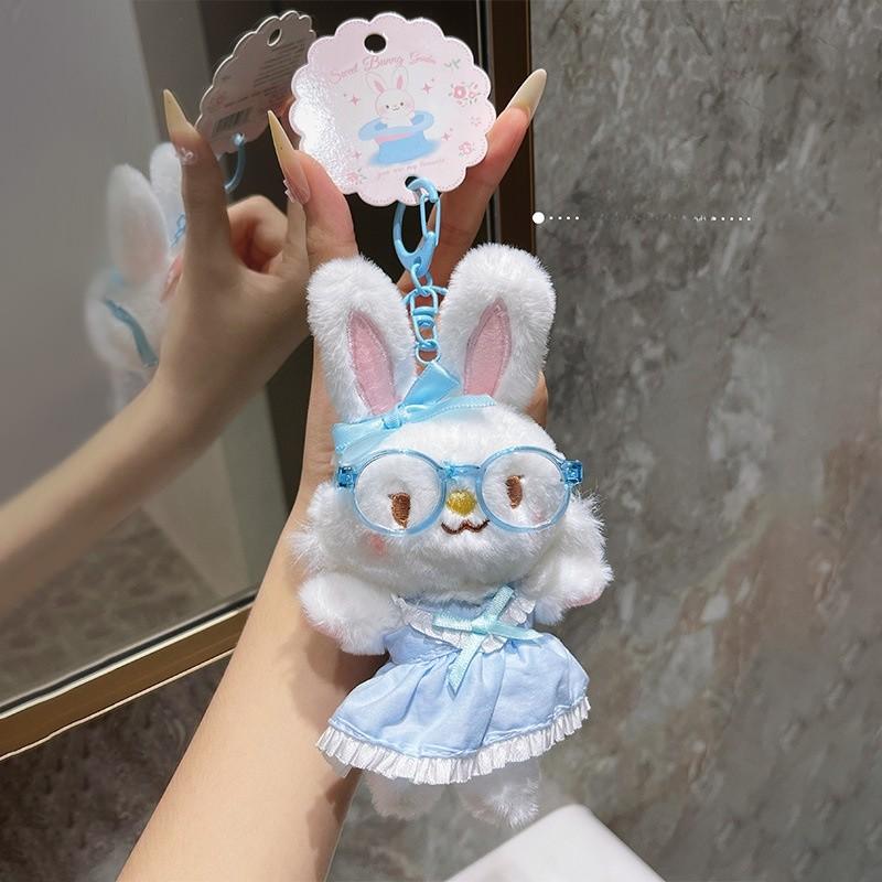 Милый кролик в очках, плюшевый брелок для ключей, для детей и в качестве сувенира синий