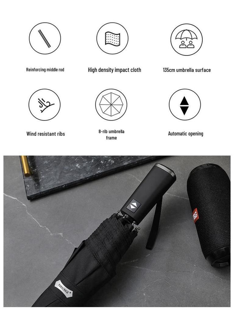 PARACHASE 135cm Super Large Automatic 3-Fold Umbrella, Flat Handle, Korean Style, Business Umbrella for Men