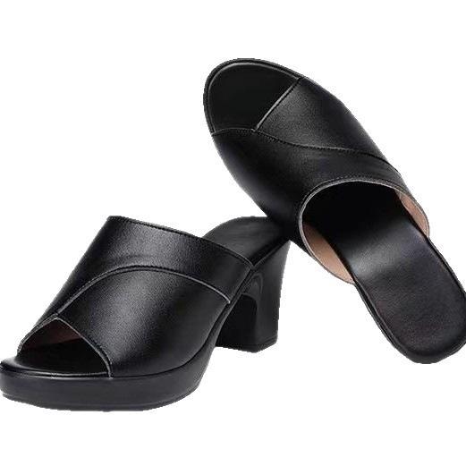 High-heeled Slippers Women's Summer Fashion Versatile 2025 New Thick Heel Soft Leather Soft Bottom Non-slip Thick Bottom Fish Mouth Cool Slippers Wome