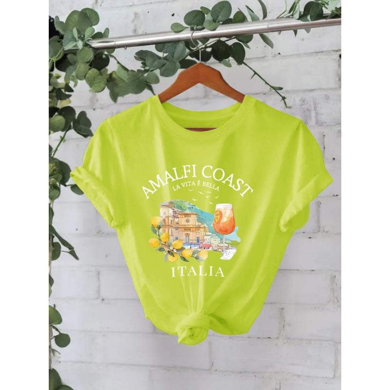 Dámská bavlněná trička s krátkým rukávem, kulatým výstřihem a potiskem