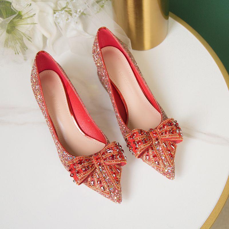 Two wear not tired feet thick heel bow single shoes 2025 new high-end wedding mid-heel shoes women's wedding shoes bride shoes