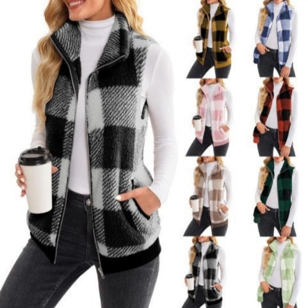 2025 New Women's Plaid Fleece Cardigan Vest - Stand Collar Sleeveless Outerwear for Ladies - Comfortable Casual Jacket