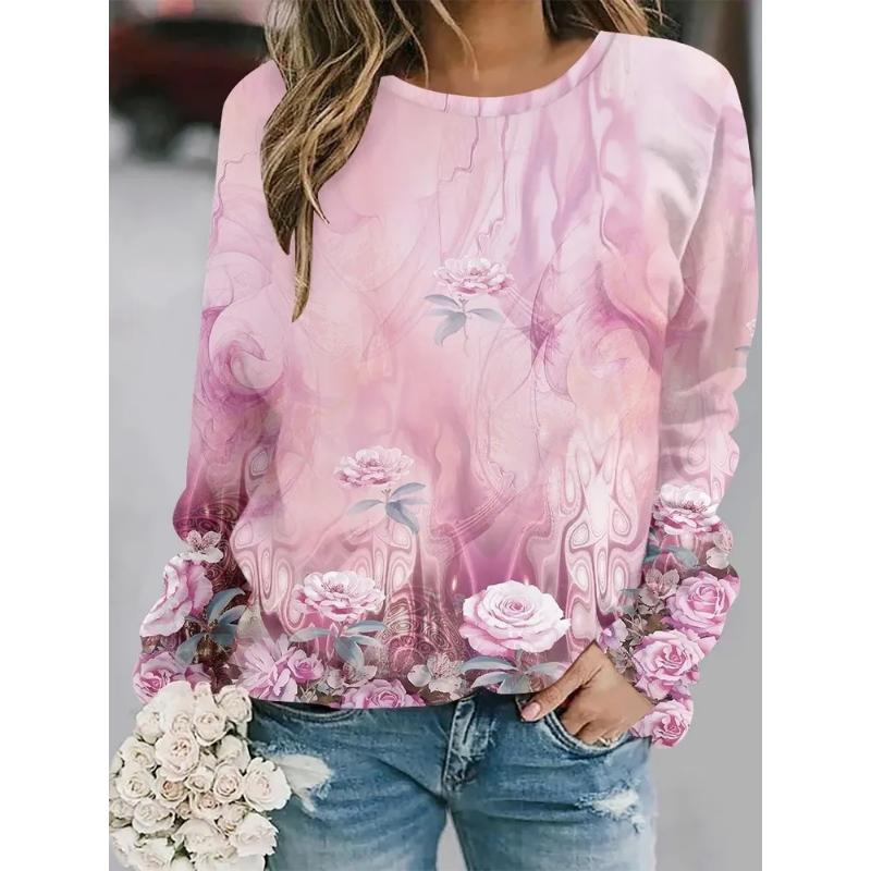 Fashion Women's Crew Neck Long Sleeve 3D Casual Color Printing Casual Long Sleeve T-Shirt