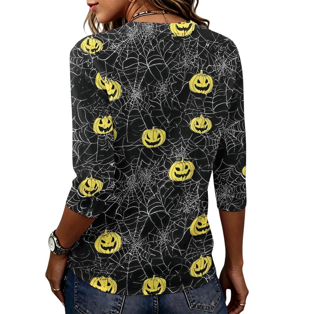 Women Casual Loose Fit Short Sleeve T Shirt Round Neck Lightweight Halloween Pumpkin Web Pattern Top
