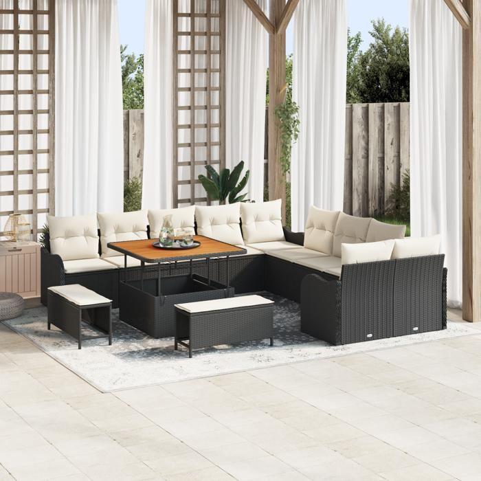 Ensemble de canapés de jardin 13 pièces avec coussins en poly rattan noir, Canapé de jardin 2 places avec coussins en poly 3362315