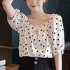 Moda Donna Top a Maniche Corte Sbuffo Pois Scollo Quadrato Camicie da Donna
