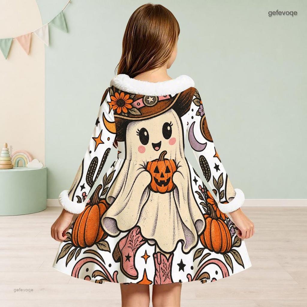 Girls High Neck Long Sleeve Furry Trim Printed Witch Frog Pattern A Line Flared Dress