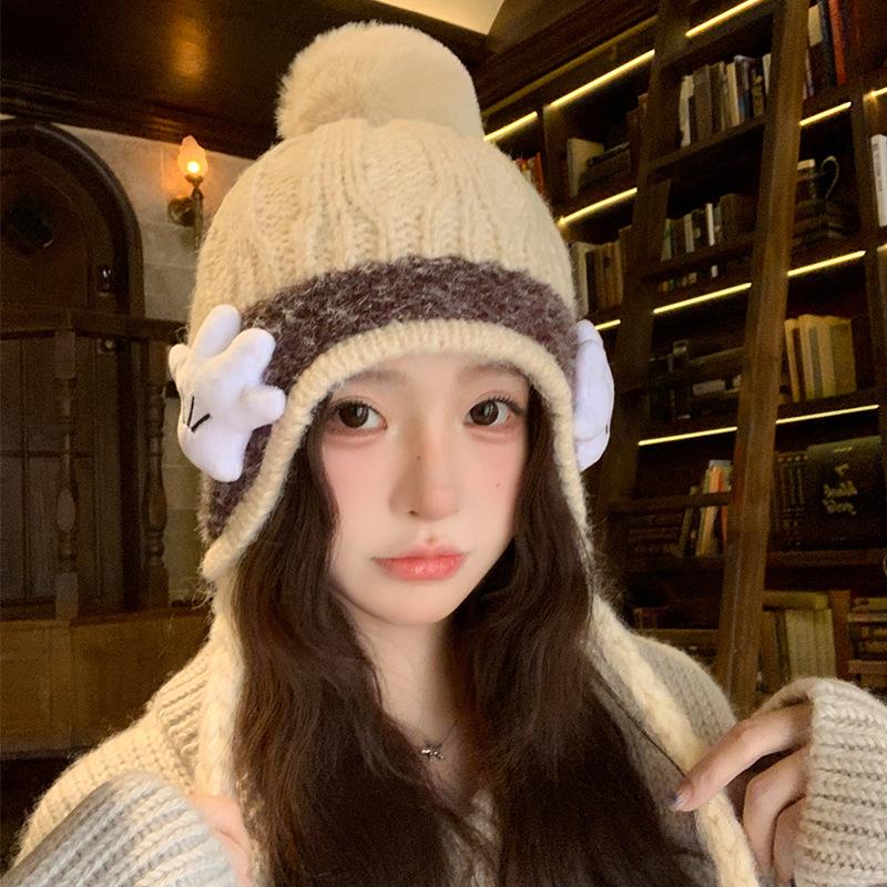 Cute Palm Warm Ear Protecting Hat for Women A Versatile Japanese Style Cold Proof Woolen Knitted Hat for Autumn and Winter  and A Cycling Headscarf