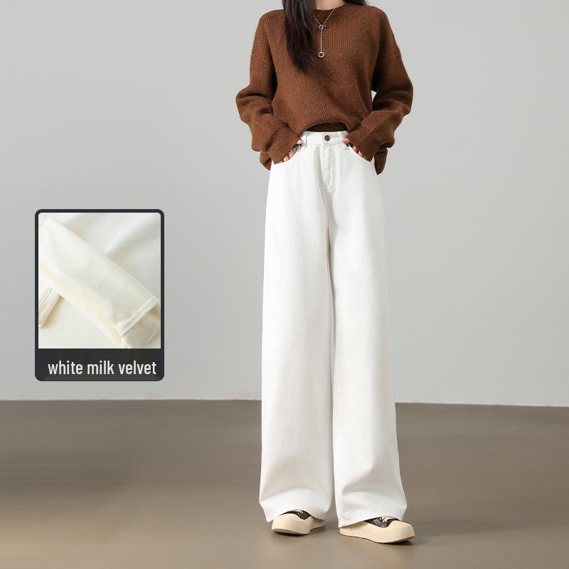 

Джинсы с широкими штанинами с высокой посадкой в корейском стиле с белой флисовой подкладкой для женщин Large