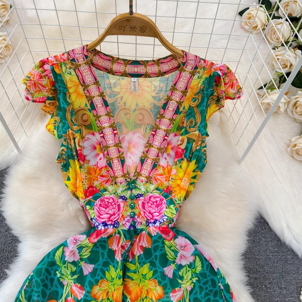 New 2024 Summer Gorgeous Flower Print Chiffon Holiday Long Dress Boho Women's Sexy Deep V Neck Sleeveless Ruffles Buttons Robe