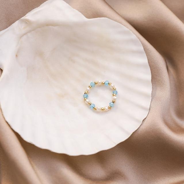 Kpop Adorable Multi Beaded Imitation Pearl Colorful For Women Crystalline Adjustable Rope Chain Rings Continuous Circle Minimalist RingCute Chain