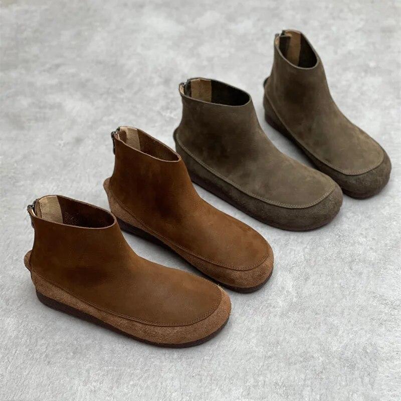 Johnature Stivaletti corti da donna in vera pelle punta tonda scarpe piatte comode casual con suola morbida in pelle bovina