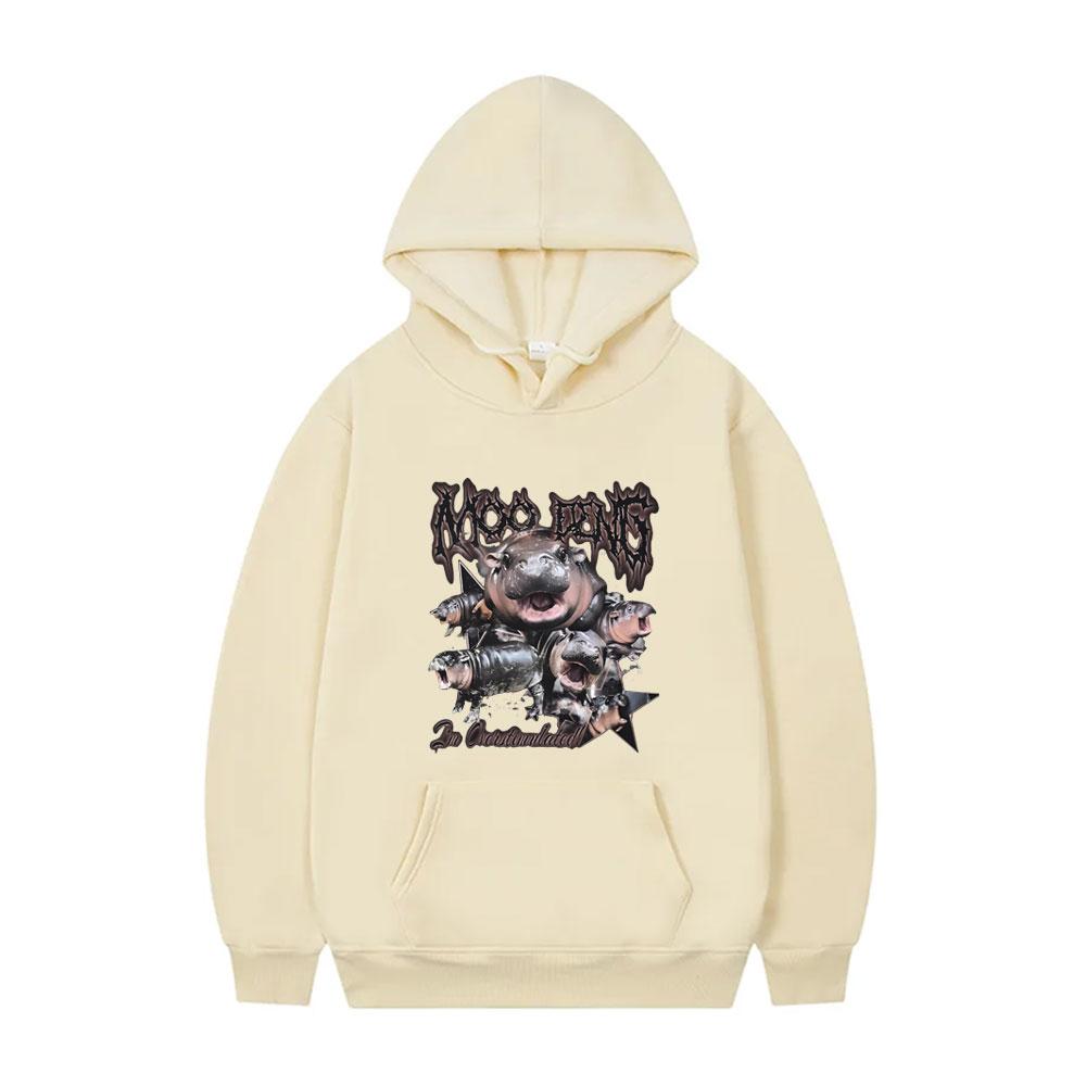 Moo Deng Vintage Grafik Hoodie Baby Nilpferd Lustiges Meme Kapuzen Trainingsanzug Herren Damen 90er Übergroßer Pullover Männlich Gothic Rock Hoodies