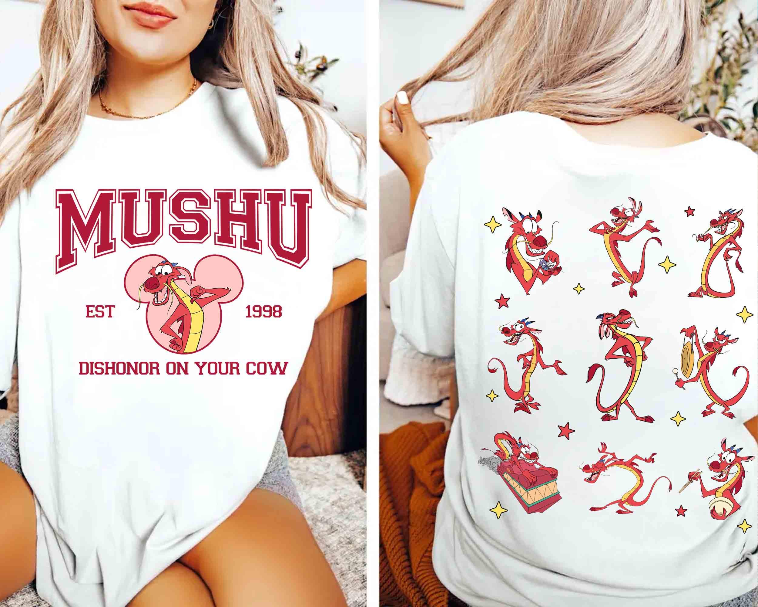 Twosided Funny Mushu Dragon Dishonor On Your Cow TShirt Magic Kingdom land Family Vacation 2025 Trip S